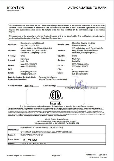 China Shenzhen Keygma Electrical Manufacturing Co.,Ltd Certificações